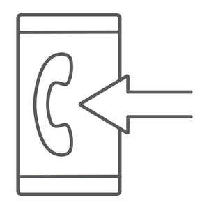 传入呼叫细线图标, 智能手机和铃声, 按钮符号, 矢量图形, 在白色背景上的线性模式, eps 10