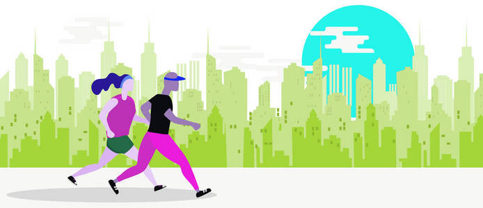 跑步的男人和女人。慢跑夫妇, 夫妇运行与城市背景向量插图