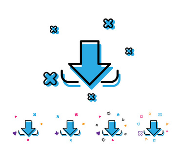 下载箭头线图标。向下箭头符号。方向或指针符号。带有几何元素的线条图标。色彩鲜艳的设计。向量