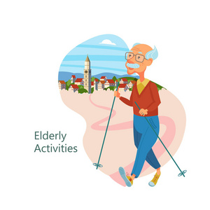 一位从事北欧人散步的老人。祖父领导健康的生活方式。她去参加体育和远足。矢量插图