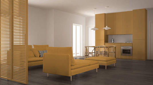 现代洁净客厅, 厨房和餐桌, 沙发, 脚凳和贵妃椅, 最小的灰色和黄色的室内设计