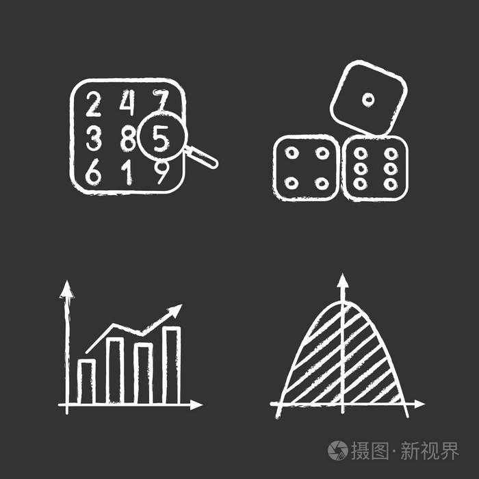 数论, 统计学, 坐标系, 骰子.孤立的矢量黑板插图