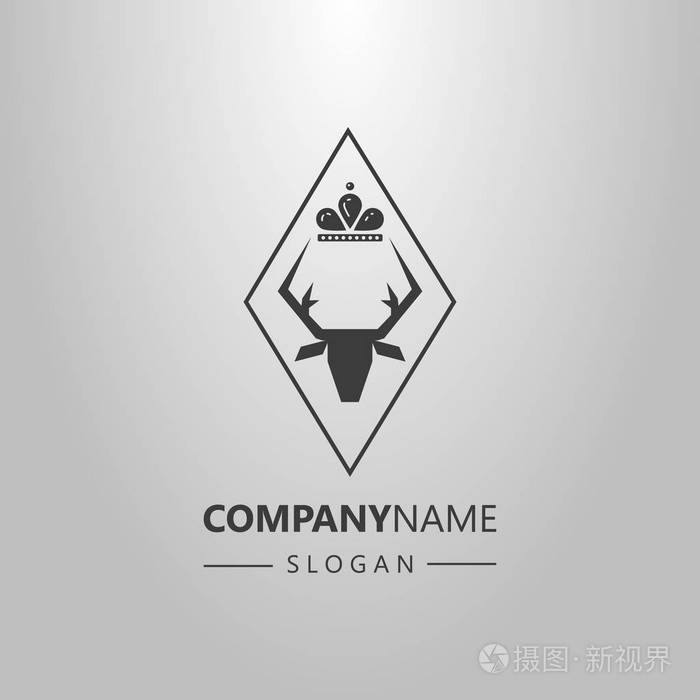菱形框架中用皇冠的鹿头黑白简单矢量标识