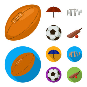 雨伞, 石头, 球, 板球。英国国家集合图标在卡通, 平面式矢量符号股票插画网站