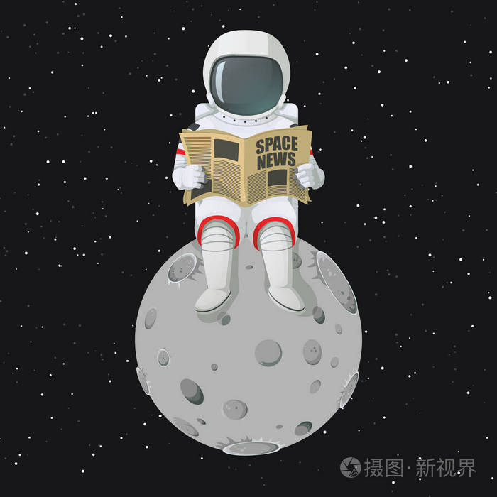 坐在月亮上看报纸的宇航员.背景上的黑暗空间和星星