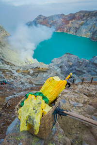 Kaweh Ijen 印度尼西亚 黄色硫磺岩石内篮，壮观的火山火山口湖背景，旅游远足的吸引力