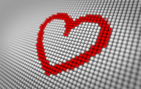 红色的心脏符号跳动大的 Led 显示屏大像素。屏幕概念上的心符号3d 插图