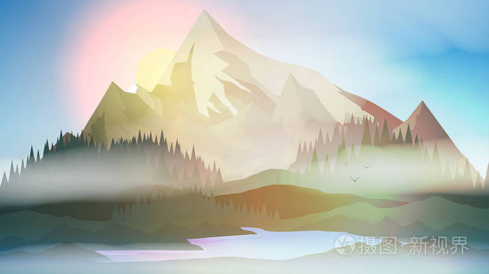 日落或黎明在山与湖和松树森林风景-矢量例证插画-正版商用图片0pvgpo