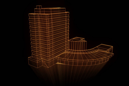 线框全息图风格的建筑。漂亮的 3d 渲染