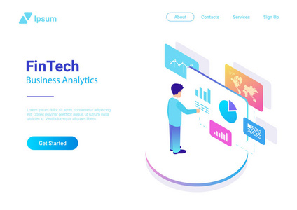 人的业务分析数据市场在虚拟空间等轴平面矢量图。Fintech 财务图表图商人多彩的概念