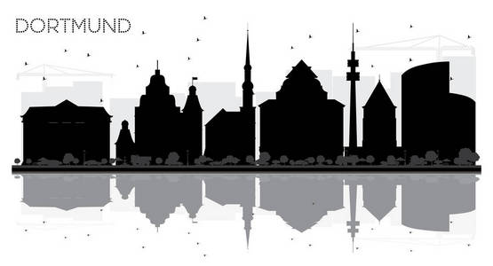 多特蒙德德国城市天际线黑色和白色剪影与反射。矢量插图。简单的平面概念为旅游展示, 横幅, 标语牌或网站。多特蒙德城市景观与地标