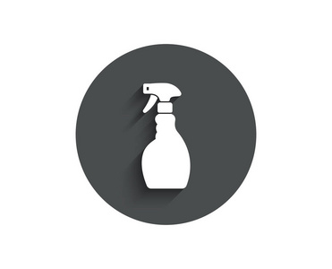 清洗喷雾简单图标。洗涤液或清洁剂符号。客房设备标志。圆圈平面按钮与阴影。向量