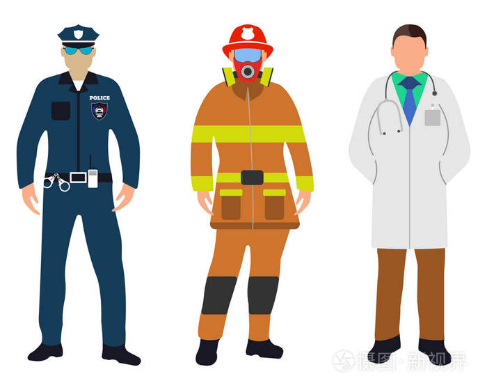 警察,医生,消防员平面图标的设置.911 服务.卡通矢量图