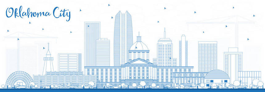 概述奥克拉荷马市天际线与蓝色大厦。矢量插图。商务旅游和旅游理念与现代建筑。俄克拉何马州城市景观与地标