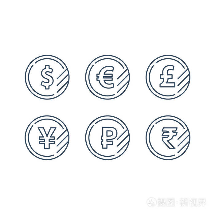 美元符号、 欧元符号、 英镑的图标、 卢布硬币