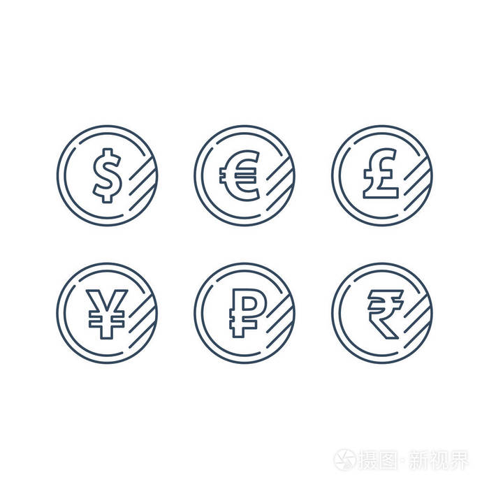 美元符号、 欧元符号、 英镑的图标、 卢布硬币