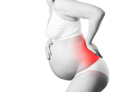孕妇背部疼痛, 早产风险, 在白色背景下隔离
