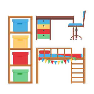 舒适温馨宝贝装饰儿童卧室室内与家具和玩具矢量