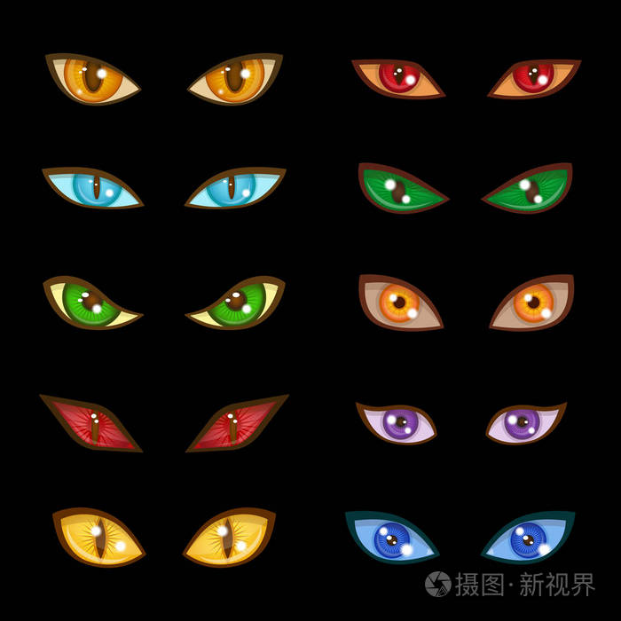 插画 危险动物怪物邪恶发光眼睛表达式上暗黑色背景矢量图.eps