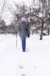 一个寒冷的冬天, 在一个下雪的公园散步和玩乐的女人