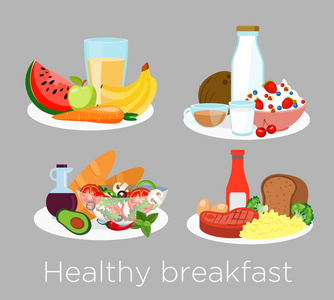 矢量插图集的不同类型的健康早餐食品的卡通风格。午餐咖啡, 粥, 橙和晨营养, 美味的水果, 面包