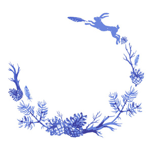 蓝色杉木分支与锥体和兔子隔绝在白色背景上