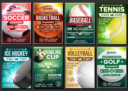 体育海报载体。足球, 网球, 高尔夫球, 篮球, 保龄球, 棒球, 冰球。事件设计模板。体育促销, 保龄球。锦标赛 A4 锦