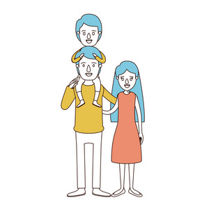 漫画色彩节和蓝头发的家庭母亲和父亲在他背上的男孩