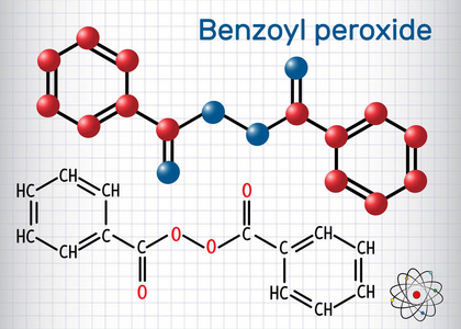 过氧化苯甲酰 Bpo 分子。结构化学公式和分子模型。一张纸在笼子里。矢量插图