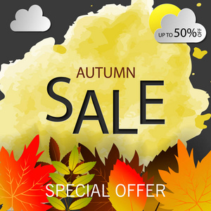 秋季销售文本矢量横幅以五颜六色的季节性秋天叶子在橙色背景为购物折扣促进。矢量 i