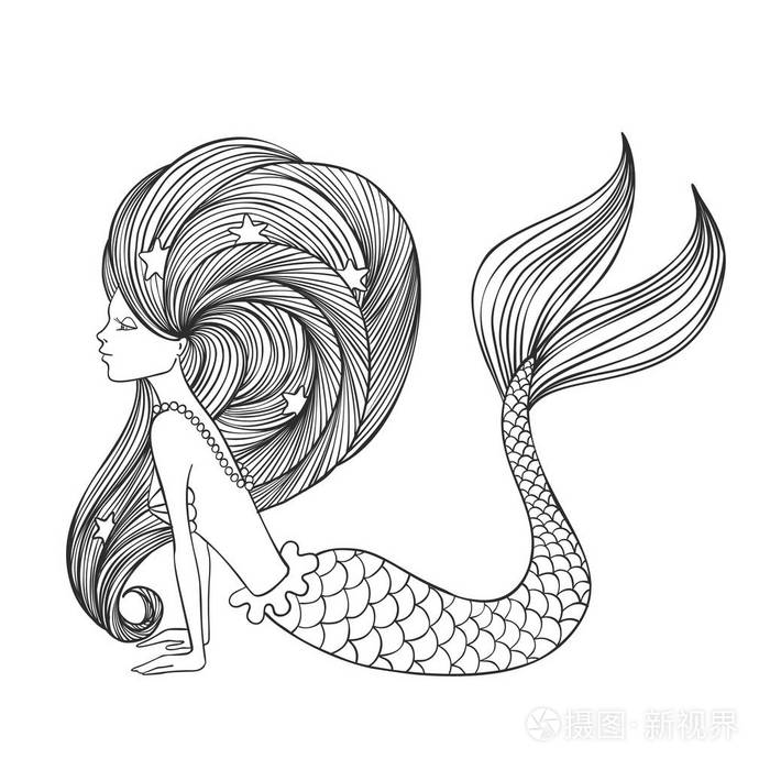手绘线性可爱的女孩美人鱼为着色书隔离在白色背景.绘制着色的轮廓.