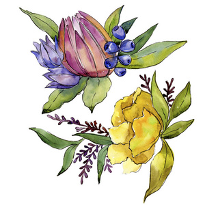 七彩花束热带花卉。花卉植物花。独立的插图元素。背景质地包装图案框架或边框的水彩画野花