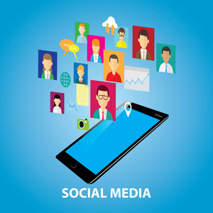 社会媒体概念的向量例证, 人连接在线云彩通信, 小工具并且头像标志