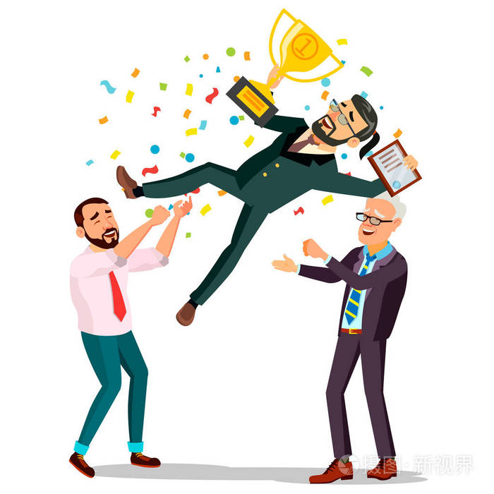 赢家商人向量.把同事扔了同事庆祝目标成就.拿着金杯.