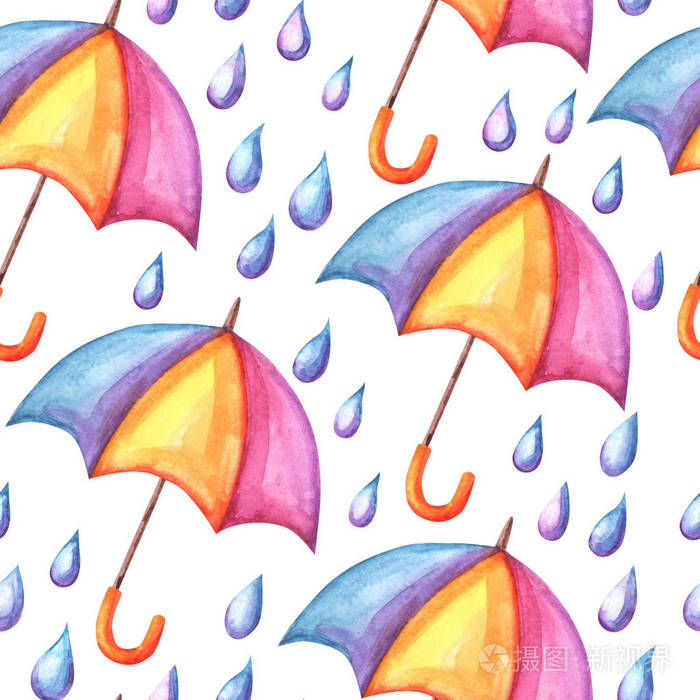 带雨伞和雨水的水彩画图案