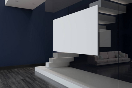 在现代起居室的木地板上, 玻璃墙上的大空白白色海报。3d 渲染