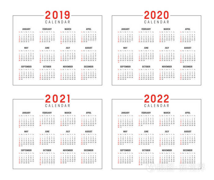 一套简约的日历, 年 2019 2021 2022, 星期开始星期日