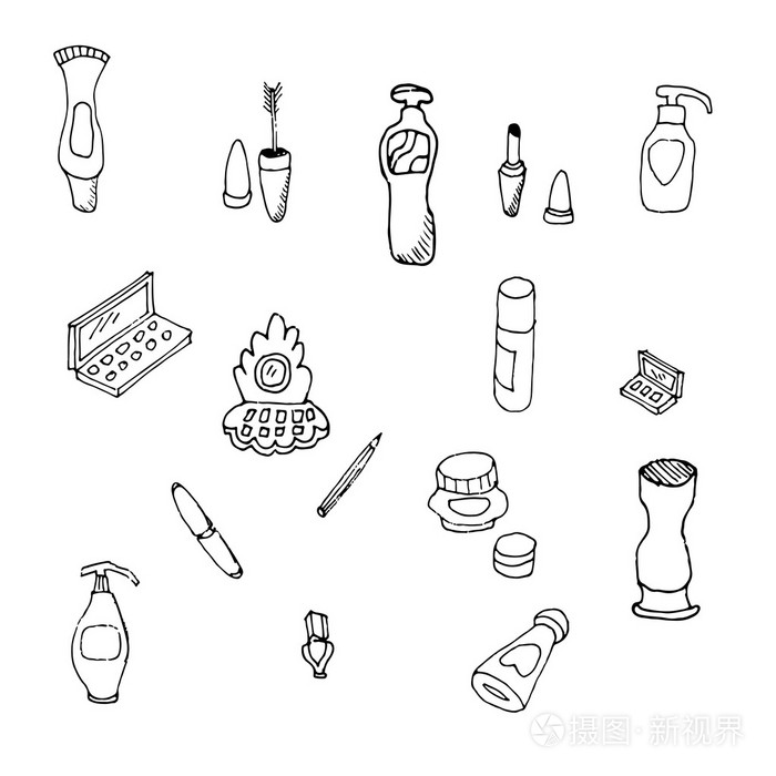一个集合在化妆,化妆品上画草图