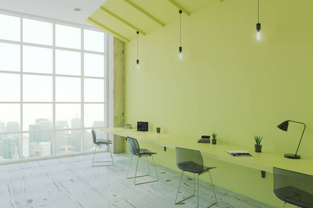 现代生态风格的办公房间, 配有绿色的办公桌和墙, 木地板和落地窗。3d 渲染