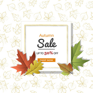 秋季销售横幅上有五颜六色的落叶。矢量插图