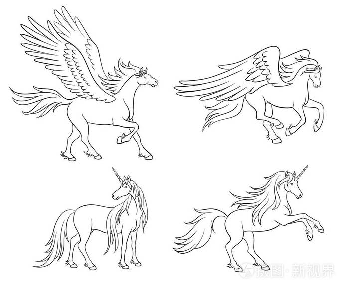 一套两个独角兽和两个 pegasis 的轮廓.矢量插图.eps8