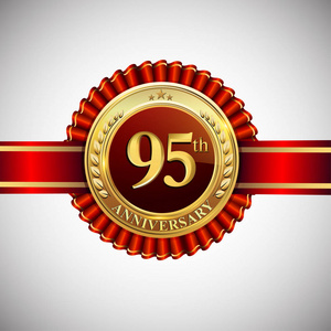 95年周年纪念庆祝标识。标志与五彩纸屑, 金黄圆环和红色丝带在黑暗的红色背景, 载体设计为问候或邀请卡片