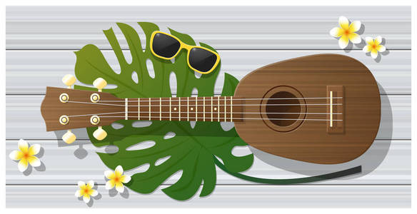 你好夏天背景与夏威夷四弦琴上木板，矢量图