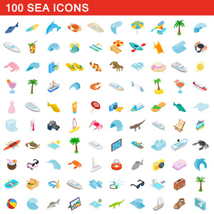 100 海图标集，等距 3d 风格