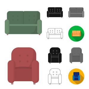 家具和室内卡通, 黑色, 平面, 单色, 轮廓图标在集集合为设计。家庭家具矢量符号股票网站插图
