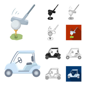 高尔夫和属性卡通, 黑色, 平面, 单色, 轮廓图标在集集合为设计。高尔夫俱乐部和设备矢量符号股票 web 插图
