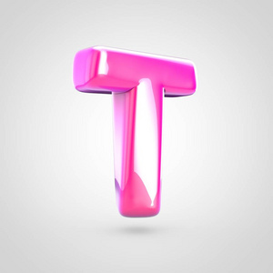 粉红色字母 T 大写。3d 渲染白色背景下的亮闪闪发亮的粉红色字体