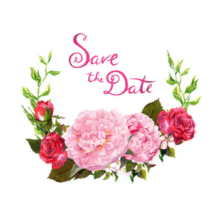 花圈粉红牡丹花。保存为婚礼日期卡。水彩