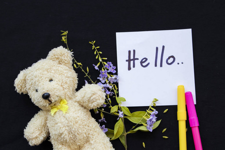 你好问候短信卡和紫色的花朵带有泰迪熊黑色