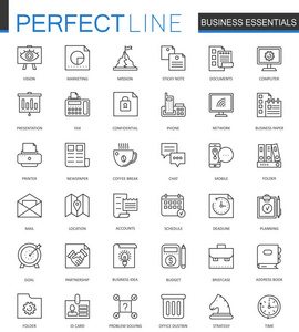 业务必不可少的细线 web 图标集。轮廓描边的图标设计